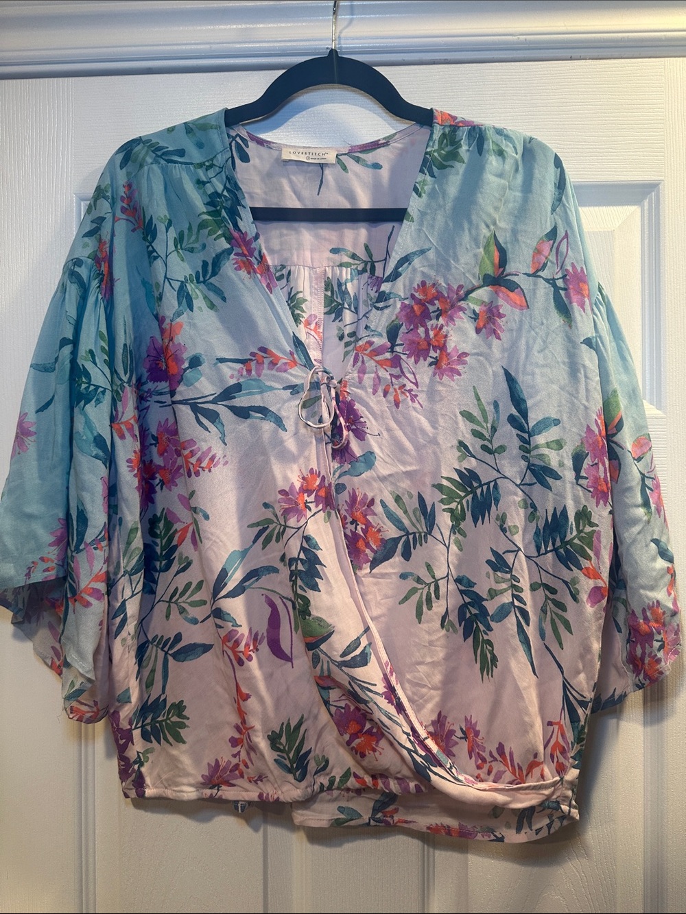Love Stitch Pastel Blue Floral Tie-Front Blouse